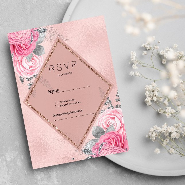Blush pink silver glitter peony floral RSVP  Einladung (Blush pink silver glitter peony floral RSVP )