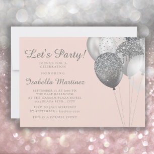 Blush Pink Silver Glitzer Balloons Sweet 16 Einladung