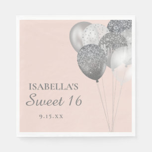 Blush Pink Silver Glitzer Balloons Sweet 16 Serviette