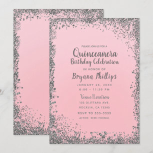 Blush Pink & Silver Glitzer Crown Quinceañera 15 Einladung