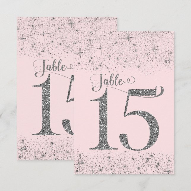 Blush Pink Silver Glitzer Tischnummern Nummer 15 (Vorne/Hinten)
