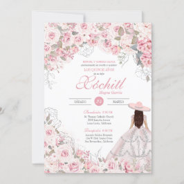 Blush Pink Silver Rose Blossom Charro Quinceanera Einladung