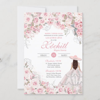 Blush Pink Silver Rose Blossom Charro Quinceanera Einladung