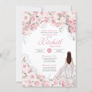 Blush Pink Silver Rose Blossom Elegantes Quinceane Einladung