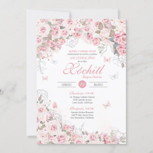 Blush Pink Silver Rose Butterfly Flora Quinceanera Einladung