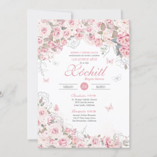 Blush Pink Silver Rose Butterfly Flora Quinceanera Einladung