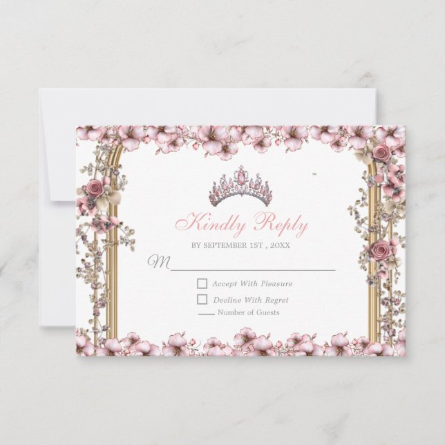 Blush Pink Silver Tiara Floral Quinceañera RSVP Karte (Vorderseite)