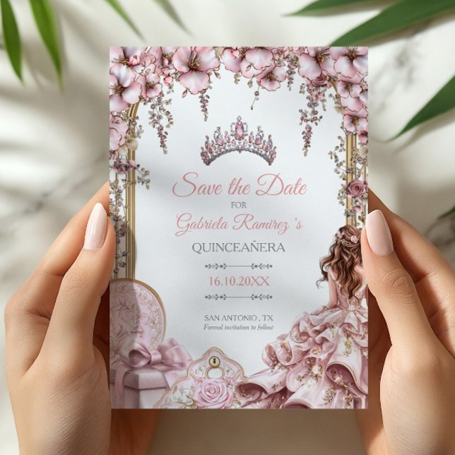 Blush Pink Silver Tiara Floral Quinceañera Save The Date (Von Creator hochgeladen)