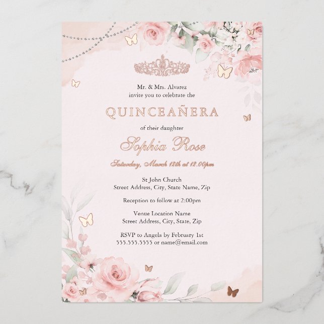 Blush Pink Soft Rose Butterfly Quinceanera 15. Folieneinladung (Vorderseite)