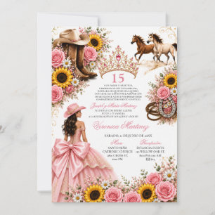 Blush Pink Sonnenblumen-Rose Vaquera Quinceañera Einladung