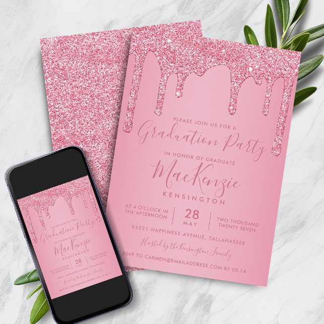Blush Pink Sparkle Glitzer Tropfens Graduation Par Einladung (Blush Pink Sparkle Glitter Drips Graduation Party Invitation with Instant Download)