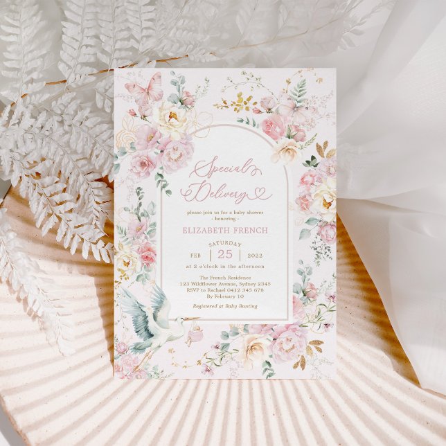 Blush Pink Stork Wildblume Girl Babydusche Einladung (Von Creator hochgeladen)