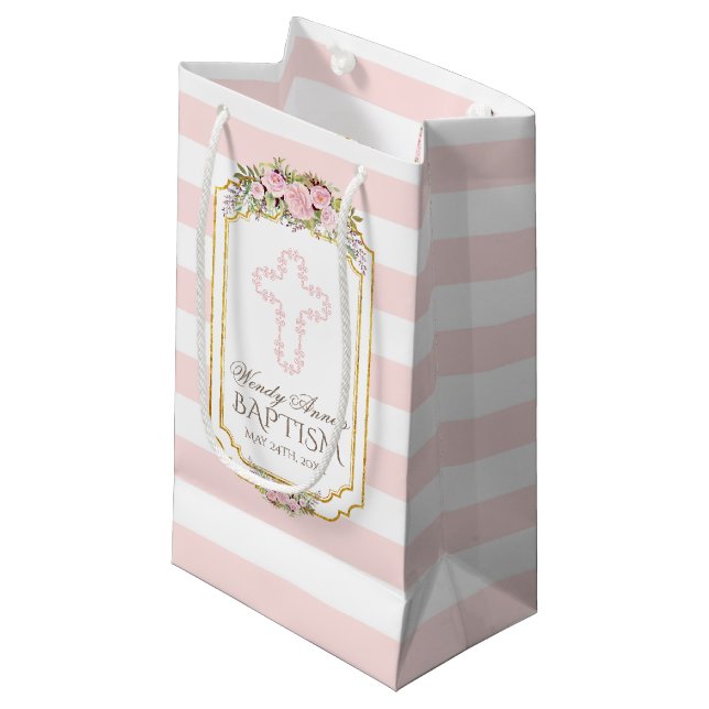 Blush Pink Streifen Floral Gold Taufen Monogramm Kleine Geschenktüte (Vorderseite Schrägansicht)