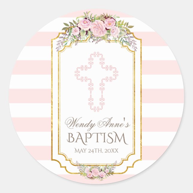 Blush Pink Streifen Floral Gold Taufen Monogramm Runder Aufkleber (Vorderseite)