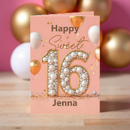 Blush Pink Sweet 16 Gold Pearl Number and Balloons Karte