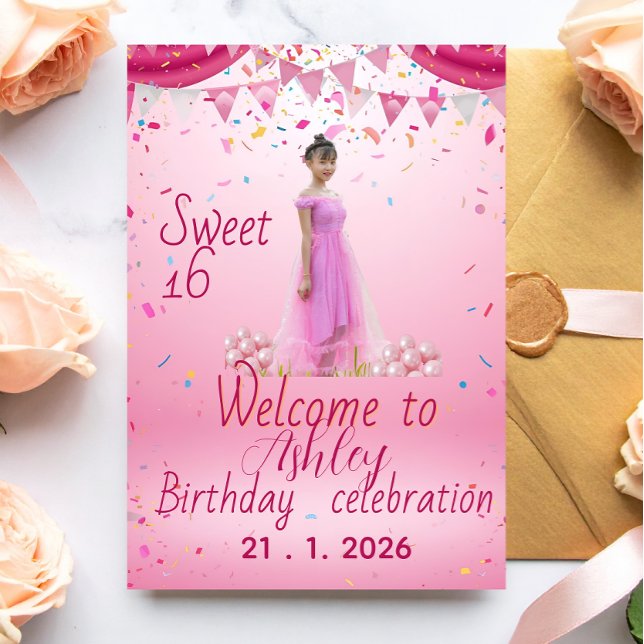 Blush Pink Sweet Sixteen Welcome Sign, Photo  Einladungspostkarte (Von Creator hochgeladen)