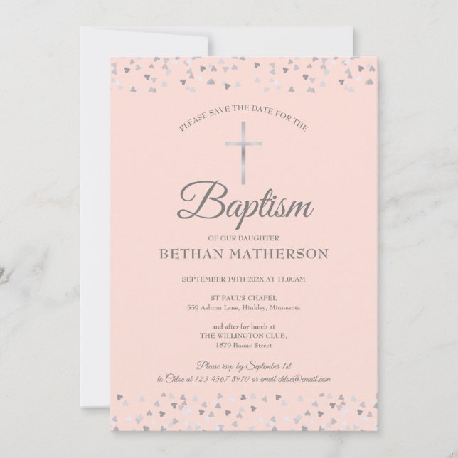 Blush Pink Taufe Christening Silberherzen Save The Date (Vorderseite)