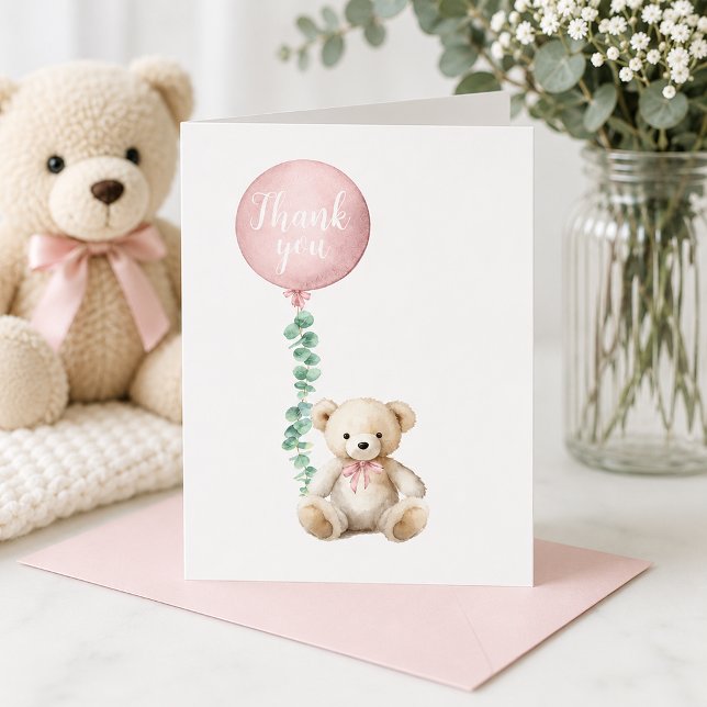 Blush Pink Teddy Bär Danke Karte (Pink Balloon Thank You Card)