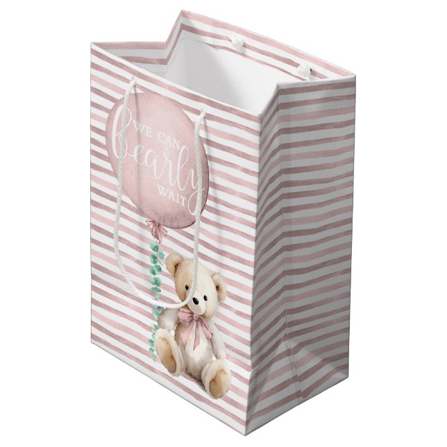Blush Pink Teddy Bear Baby Geschenktasche Mittlere Geschenktüte (Vorderseite Schrägansicht)