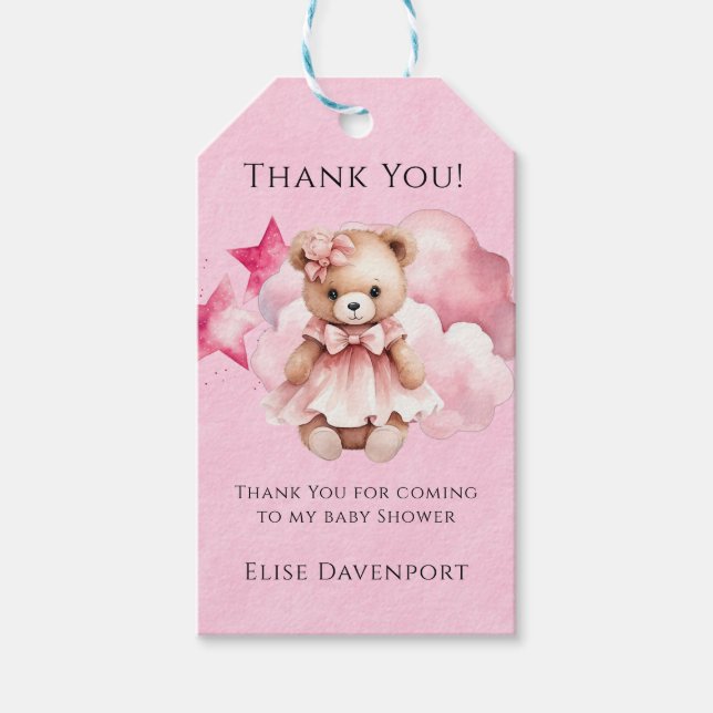 Blush Pink Teddy Bear Girl Babydusche Danke Geschenkanhänger (Vorderseite)