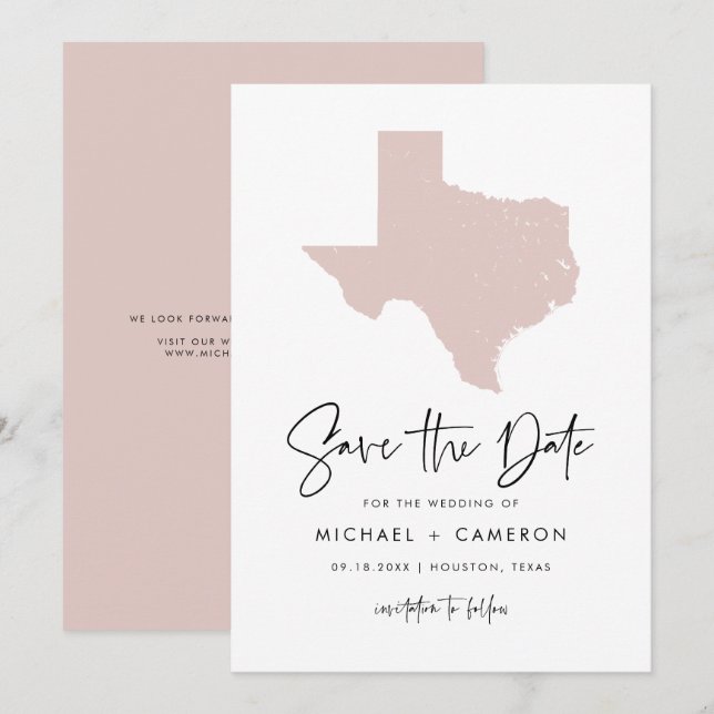 Blush Pink Texas Map Modernes Minimalistisches Skr Save The Date (Vorne/Hinten)