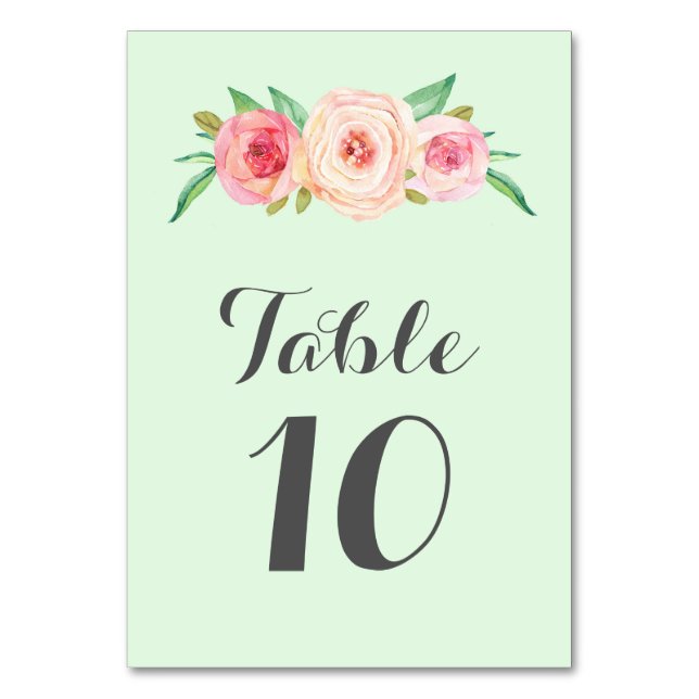 Blush Pink Tischnummer Cards mit floraler Minze (Vorderseite)