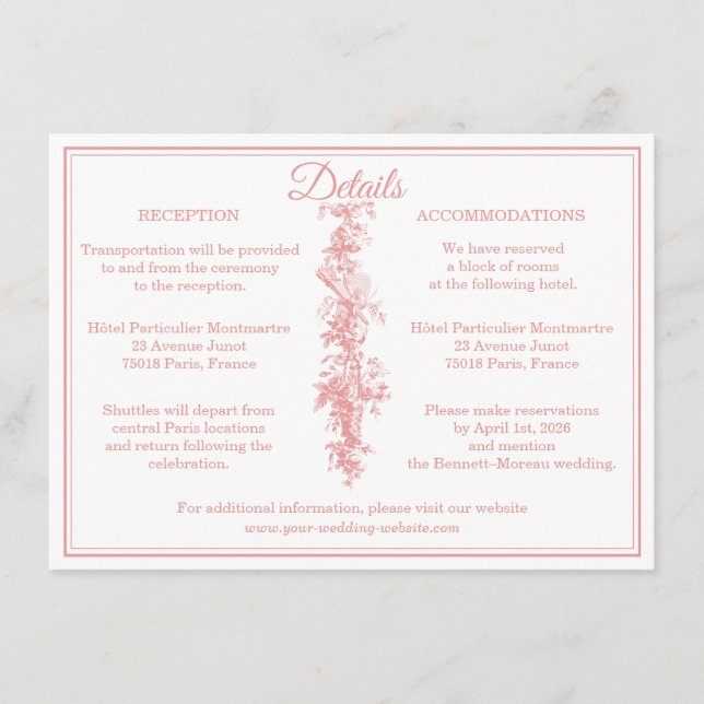 Blush Pink Toile de Jouy Wedding Details Enclosure Begleitkarte (Vorderseite)