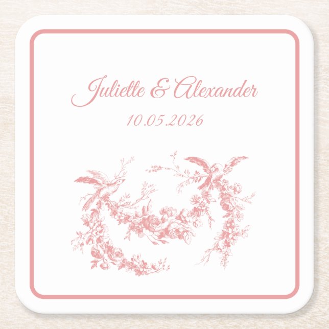 Blush Pink Toile de Jouy Wedding Paper Coasters Rechteckiger Pappuntersetzer (Vorderseite)