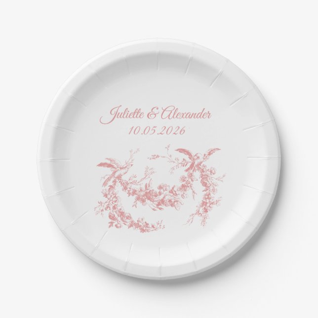 Blush Pink Toile de Jouy Wedding Paper Plates Pappteller (Vorderseite)