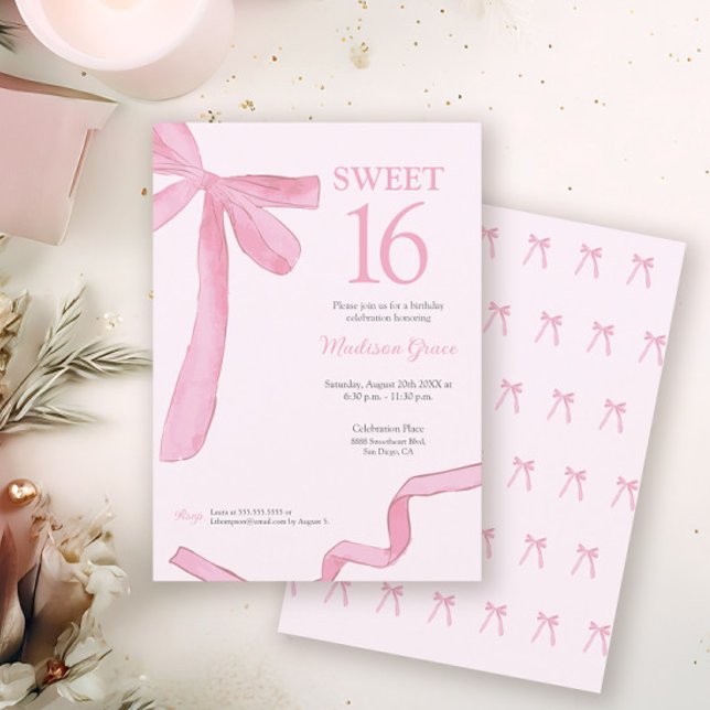 Blush Pink trendy Bow Ribbon Coquette Sweet 16  Einladung (Coquette Blush pink ribbon bow Sweet 16 birthday invitation in print and digital download.)
