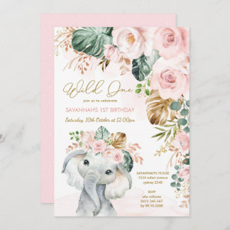 Blush Pink Tropical Floral Elefant 1. Geburtstag Einladung