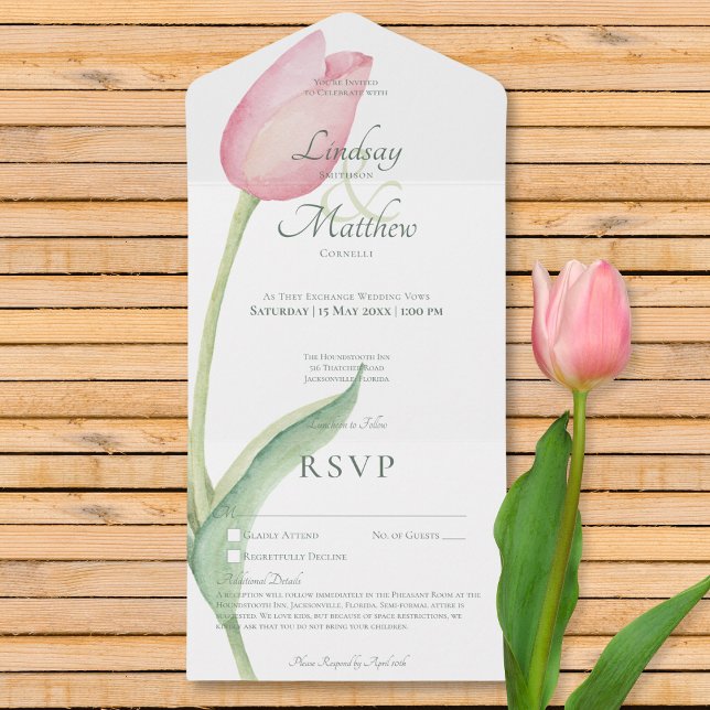 Blush Pink Tulip Solo Modernes No Dinner/Details All In One Einladung (Blush Pink Tulip Solo Modern No Dinner w/ Details All In One Invitation)