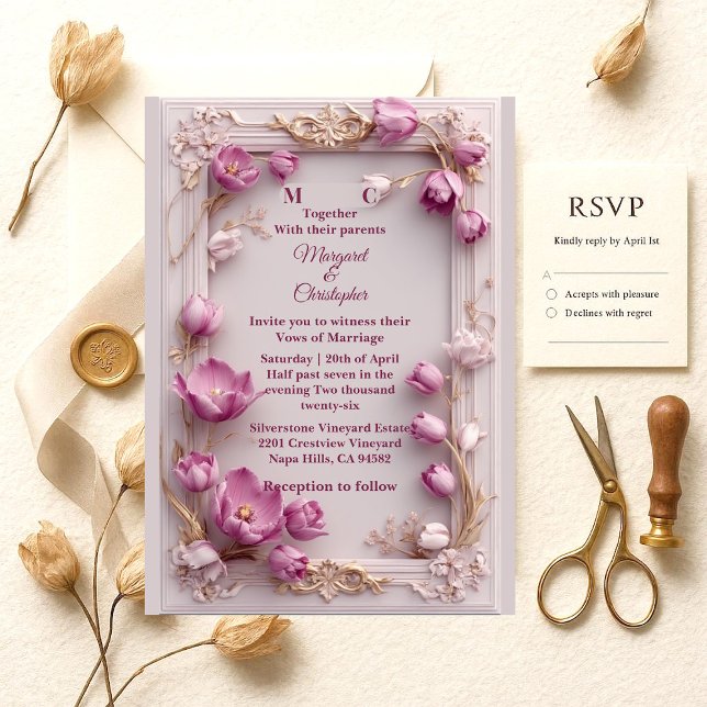 Blush Pink Tulips Baroque Opulent Ivory Wedding  Einladung (Blush Pink Tulips Baroque Opulent Ivory Wedding Invitation)