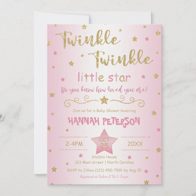 Blush Pink Twinkle Twinkle Little Star Baby Dusche Einladung (Vorderseite)