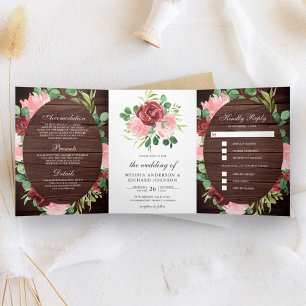 Blush Pink und Burgund Bloral Barn Wood Wedding Dreifach Gefaltete Einladung
