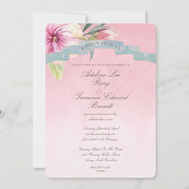 Blush Pink und Dusty Blue Magnolia Wedding2 Einladung (Rückseite)