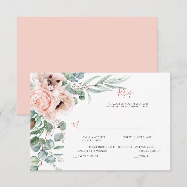 Blush Pink und Elfenbein, Eukalyptus, Grüne RSVP Karte (Vorne/Hinten)
