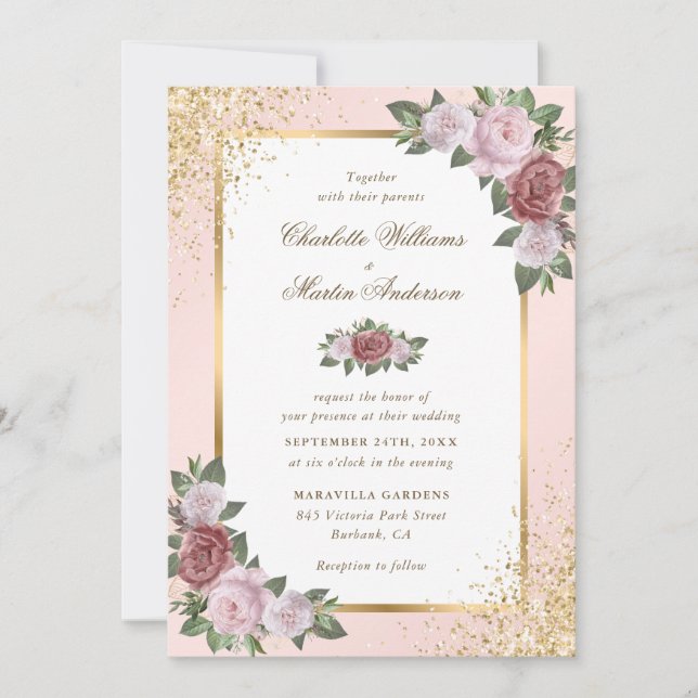 Blush Pink und Gold Confetti Bloral Wedding Einladung (Vorderseite)