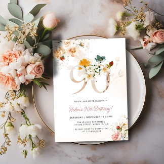 Blush Pink und Gold Floral 90. Geburtstag Einladun Einladung