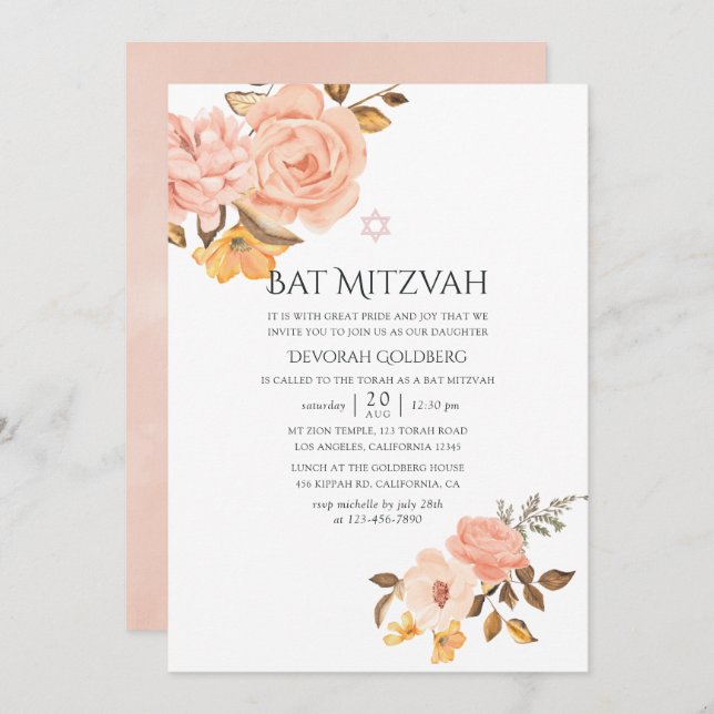 Blush Pink und Gold Floral Bat Mitzvah Einladung (Vorne/Hinten)
