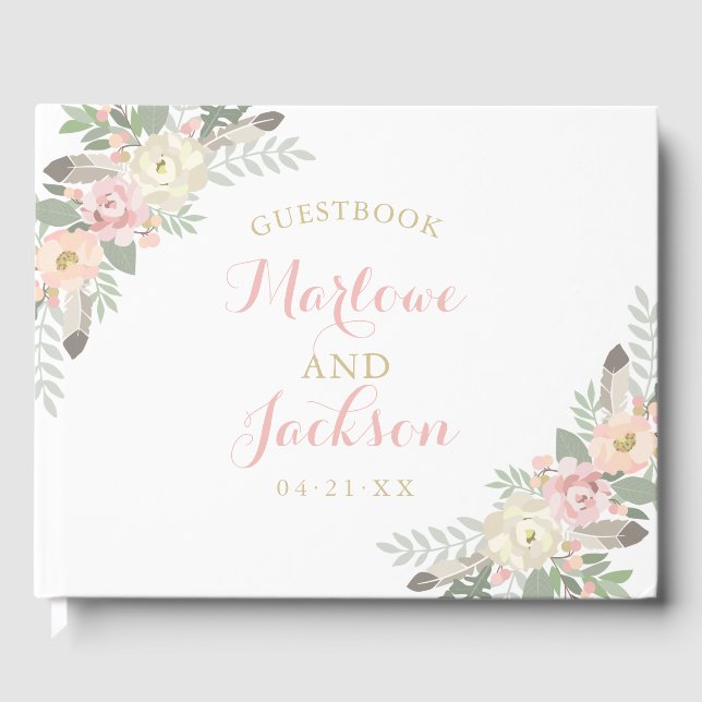 Blush Pink und Gold Floral Boho Wedgram Gästebuch (Vorderseite)