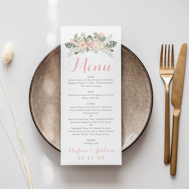 Blush Pink und Gold Floral Boho Wedgram Menükarte (Von Creator hochgeladen)