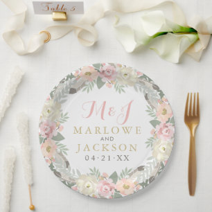 Blush Pink und Gold Floral Boho Wedgram Pappteller