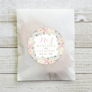 Blush Pink und Gold Floral Boho Wedgram Runder Aufkleber