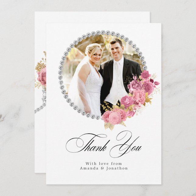 Blush Pink und Gold Floral Diamond Wedding Dankeskarte (Vorne/Hinten)