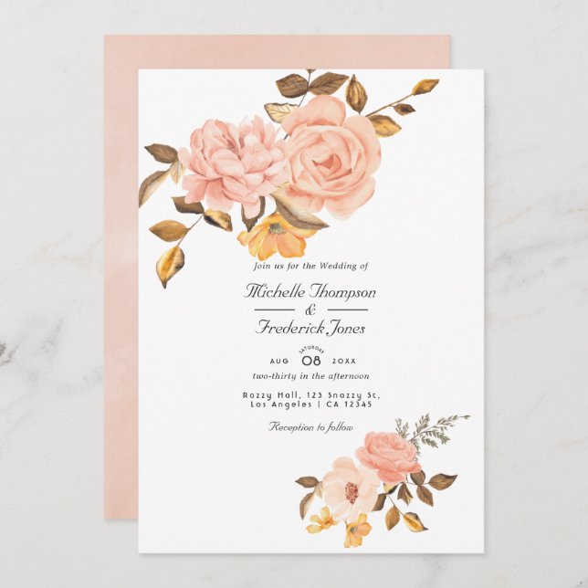 Blush Pink und Gold Floral QR Code UAWG Wedding Einladung (Vorne/Hinten)