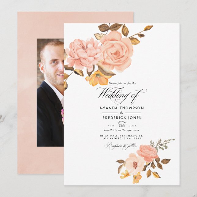 Blush Pink und Gold Floral Wedding Foto Einladung (Vorne/Hinten)
