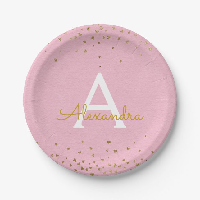 Blush Pink und Gold Foil Confetti Monogram Pappteller (Vorderseite)