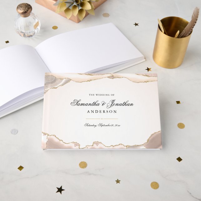 Blush Pink und Gold Glitzer Agate Script Hochzeit Gästebuch (Vorderseite Offen)