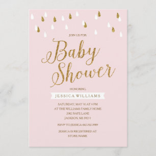 Blush Pink und Gold Glitzer Raindrops Babydusche Einladung